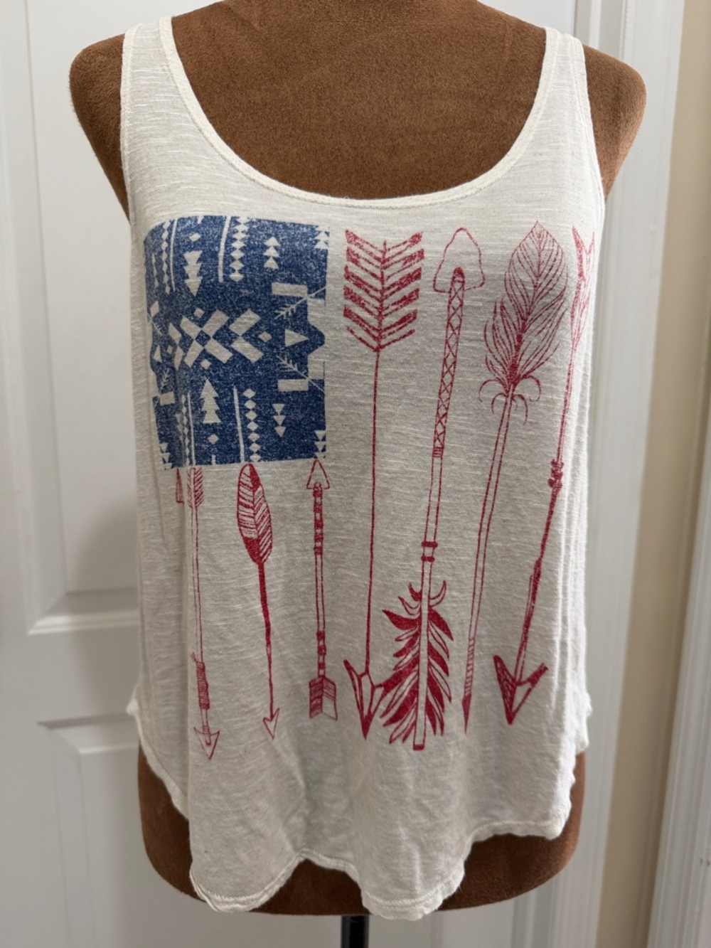 Recycled Karma | American Flag Cream Tank with Red Arrows and Geo Pattern